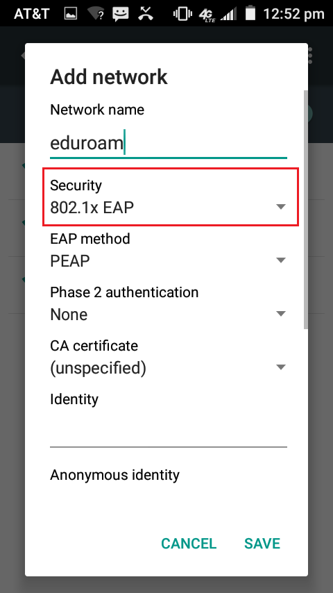 Selecting 802.1x EAP in security option on wifi settings