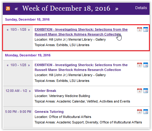LSU Event Calendar on the website homepage
