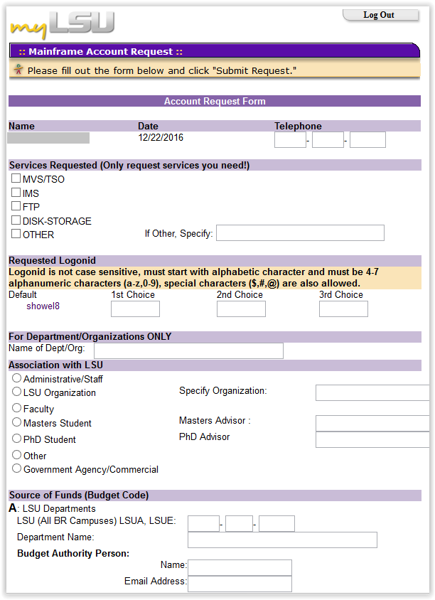 IMS/TSO Account Request page