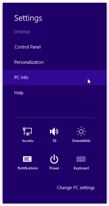 Settings panel in windows 8