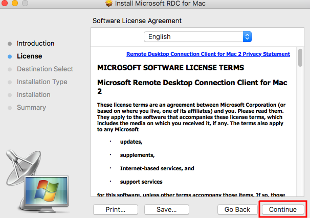 License Agreement window with continue at the bottom right corner.