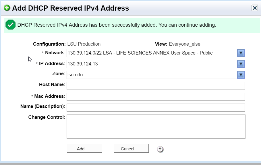 adding IP address to bluecat widget - DHCP Reserved IPv4 Address has been successfully added