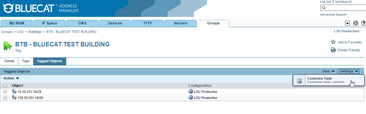 Settings link at the right with the Customize Table option in the drop down menu