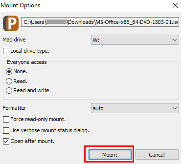 access and mount options in middle of window and Mount button at bottom