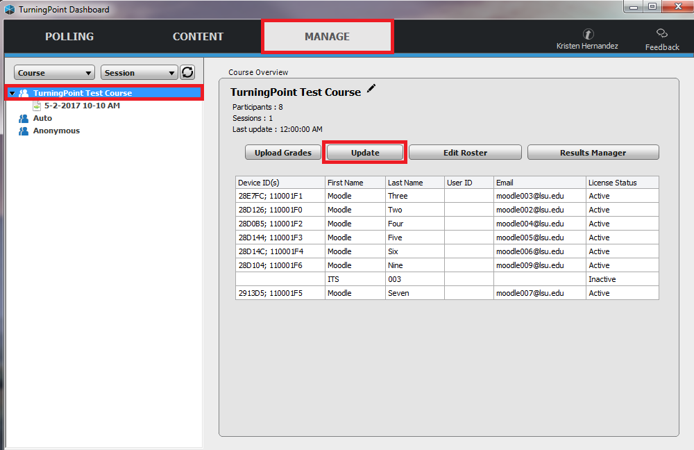 Update button in the center of the Test Course window