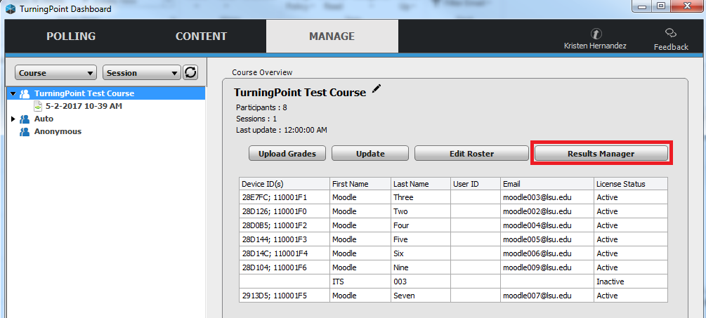 Results Manager screen