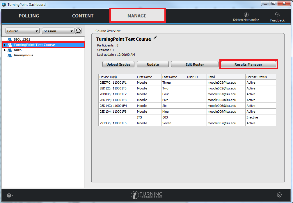 Turning Point dashboard Test Course