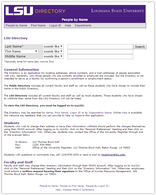 myLSU LSU Directory search 