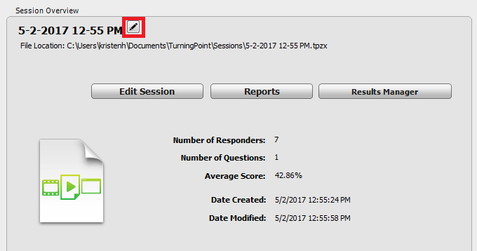 Pencil icon in session overview