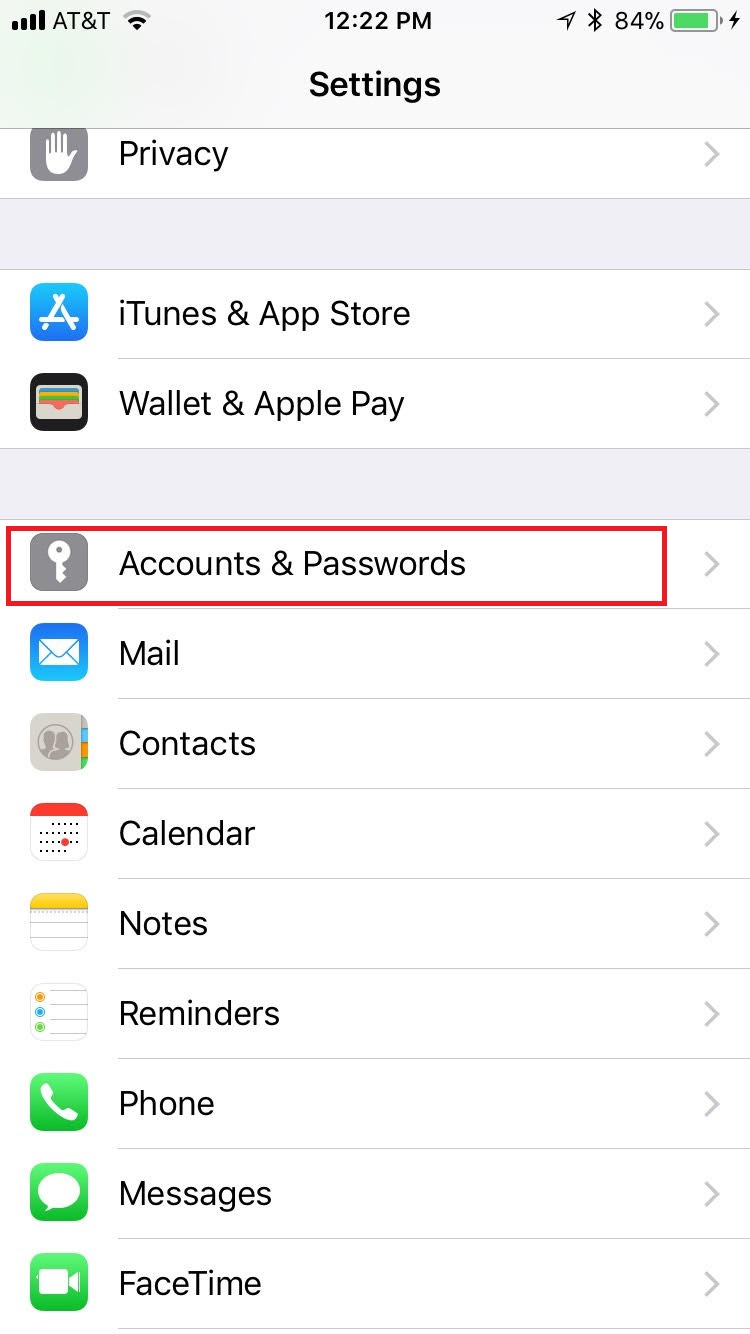 settings menu with the Accounts and passwords option boxed in red.