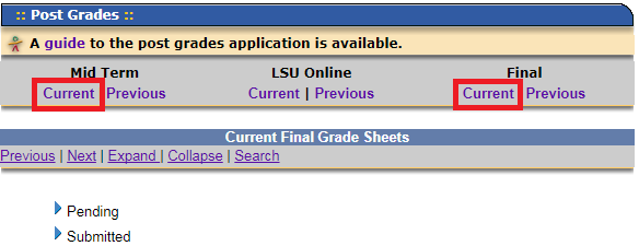 Post grades - Current links under each section, midterm, LSU Online, and Final