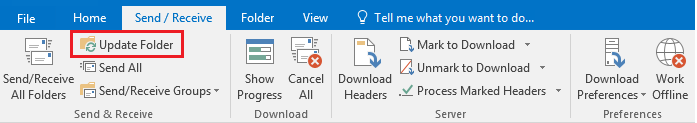 update folders button in top left of send receive menu 