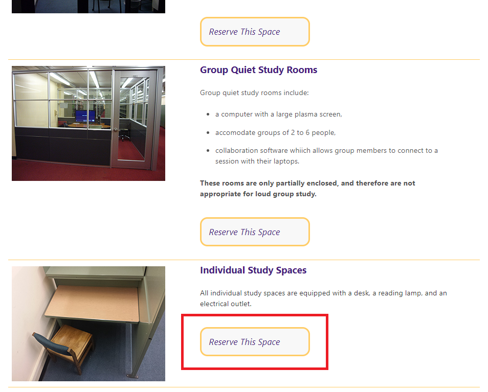 Individual study spaces heading, reserve this space highlighted