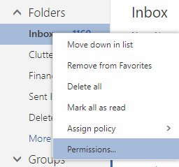 In the inbox drop-down menu, permissions is selected.