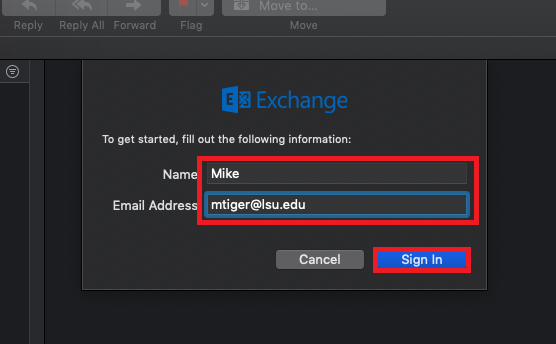 Name and email address dialog box in mac mail