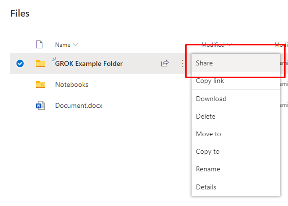 Share button under show actions in OneDrive