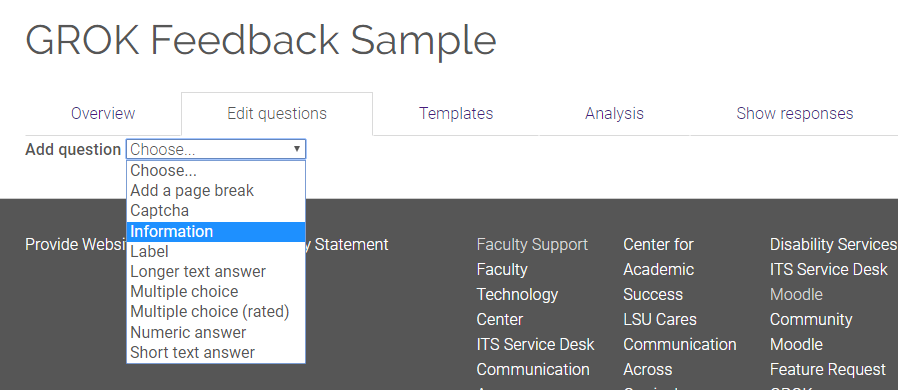 Example question types to add to Feedback activity