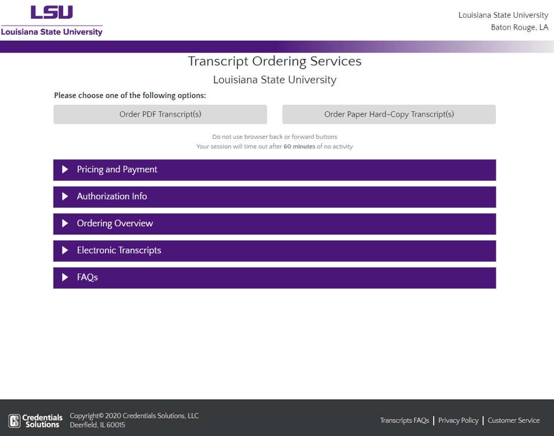 Transcript Ordering Services page