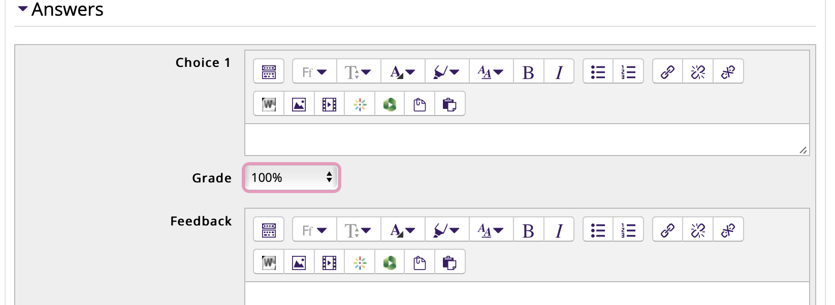 Answer settings for a multiple choice question