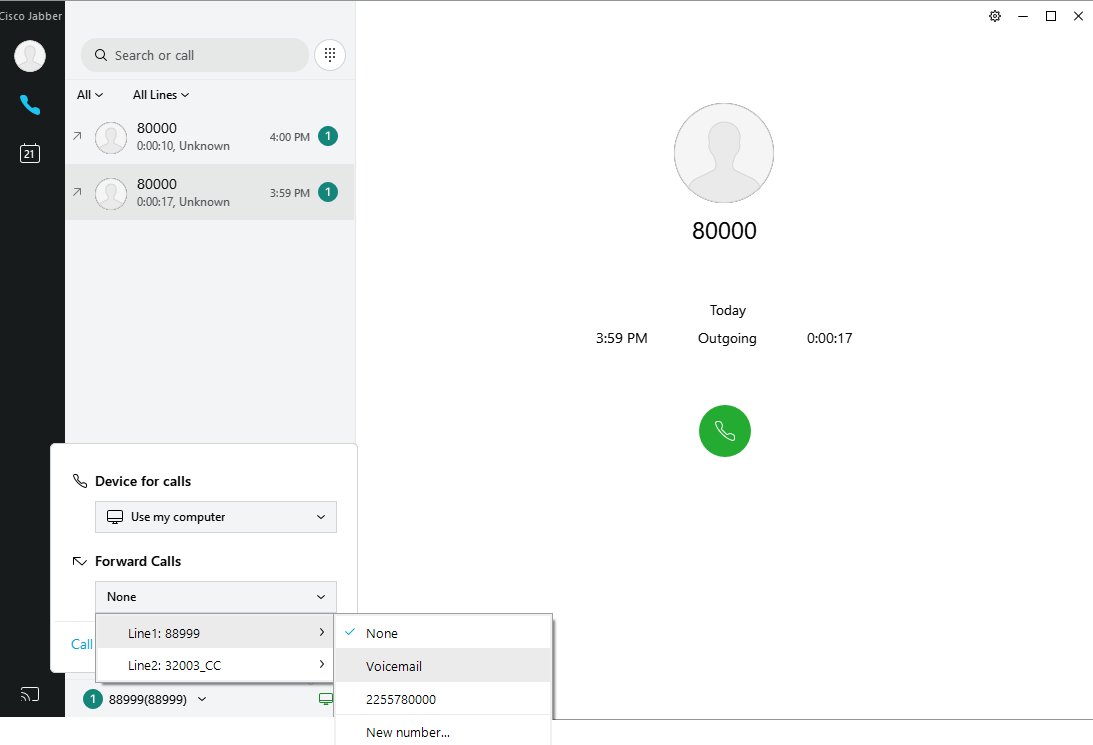 Forward Calls dropdown menu for transfer origin, sub menu containing the transfer destination