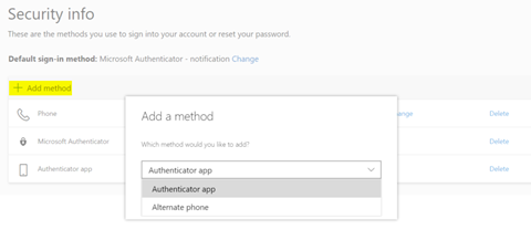 The add method screen gives you options for new authenticators