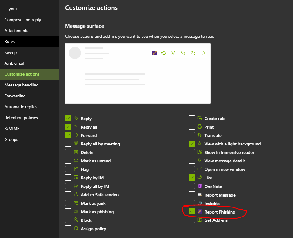 Select the box for report phishing to enable it on the message surface