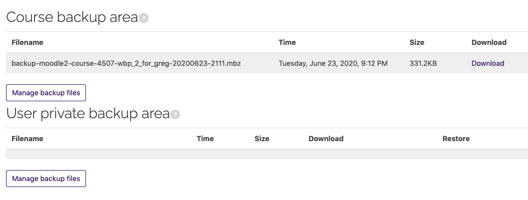 File list in "Course backup area" and "User private backup area"