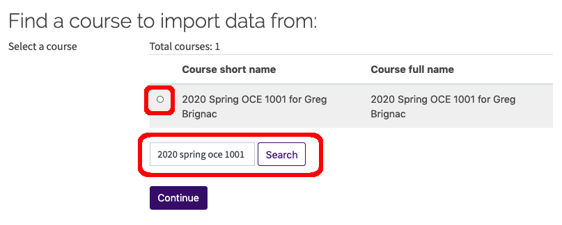 radio button to select course and search bar for course