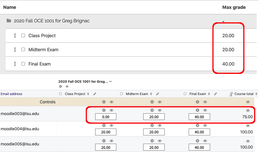 Weight by Points aggregation with 3 grade items, max grades equal 20, 20, and 40