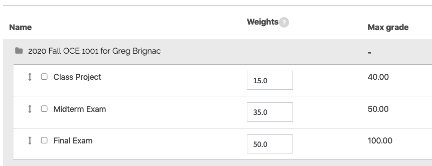 Custom Weights configured with all of the weights totaling 100