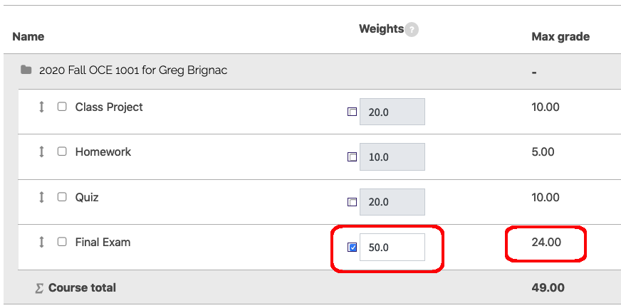 Natural with max grades totaling 49, one overridden weight equalling 50, and the remaining percentages automatically calculated to total 100