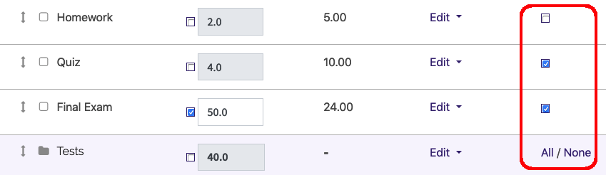 Gradebook setup screen depicting selection checkboxes to the far right of every item