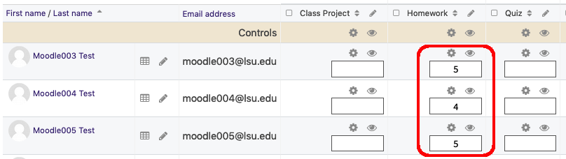 Gradebook screen depicted with input boxes for all grades for all students