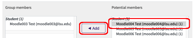 Add and remove users page with members on left, potential members on right