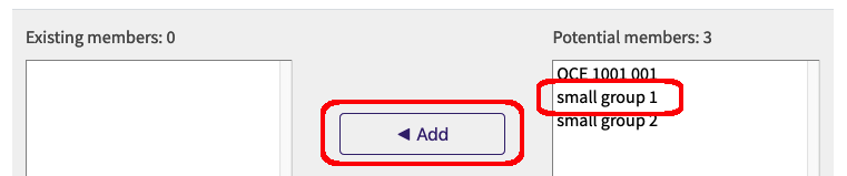 Groupings management window. groups are on the left and potential group members on the right, with the Add button between