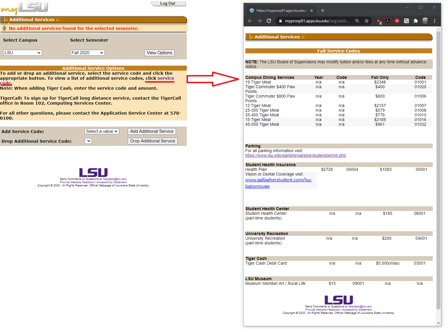 Clicking the Service Code link to show the list of meal plan codes