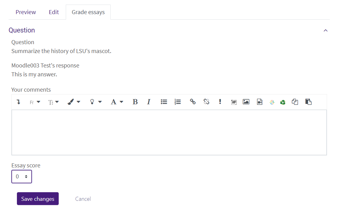 Lesson page for grading an essay question.