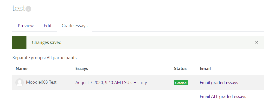 Lesson: grade essays page that indicates the essay was graded