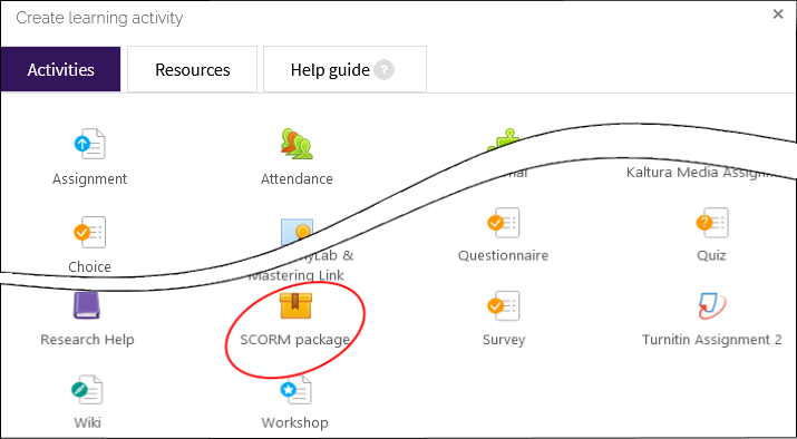 Scorm package icon under Activities