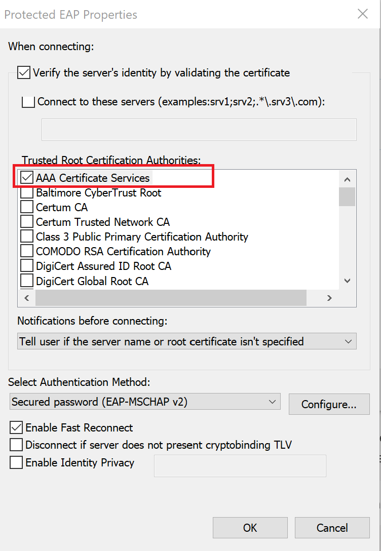 Settings window with aaa certificate selected