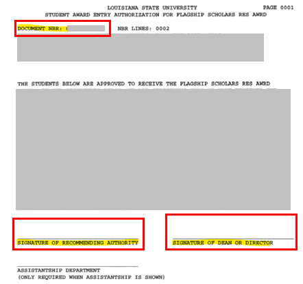 student award form with document number at top and two signature fields at bottom highlighted