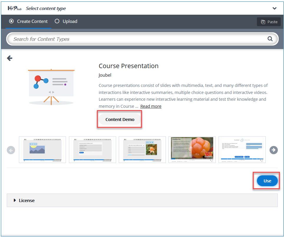 H5P activity details page with Content Demo and Use buttons highlighted