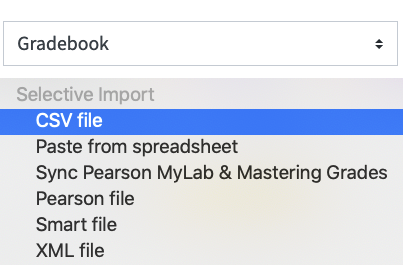 Gradebook drop down menu with CSV file selected