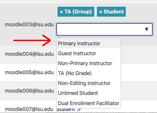 User with assigned roles above and drop down list of roles expanded