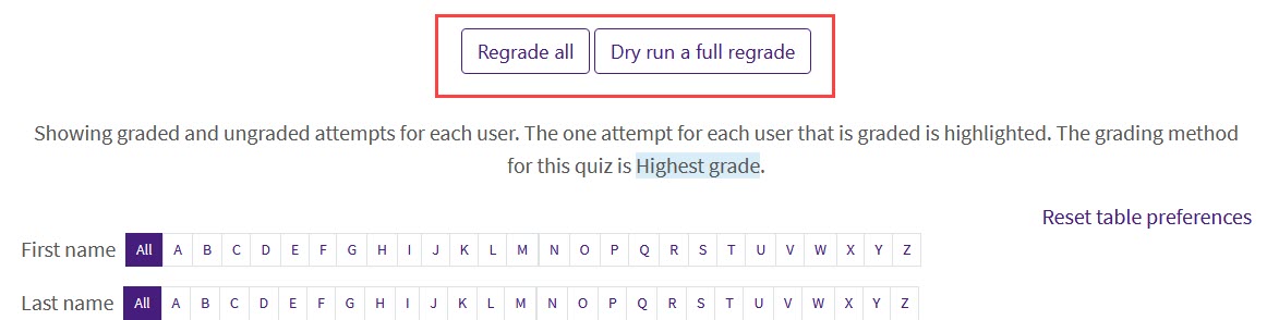 Quiz regrade all or dry run full regrade
