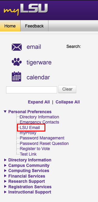 LSUmail link under personal preferences 