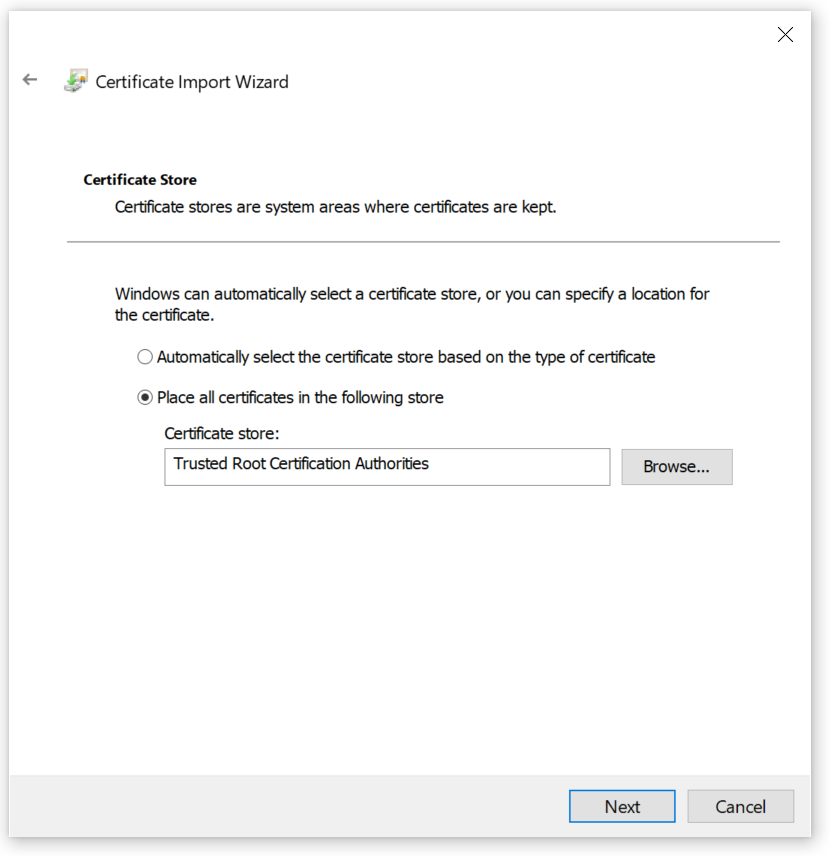 Place all certificates in the following store: Trusted Root Certification Authorities is selected
