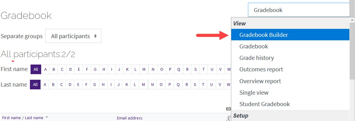 Gradebook dropdown menu with GB selected