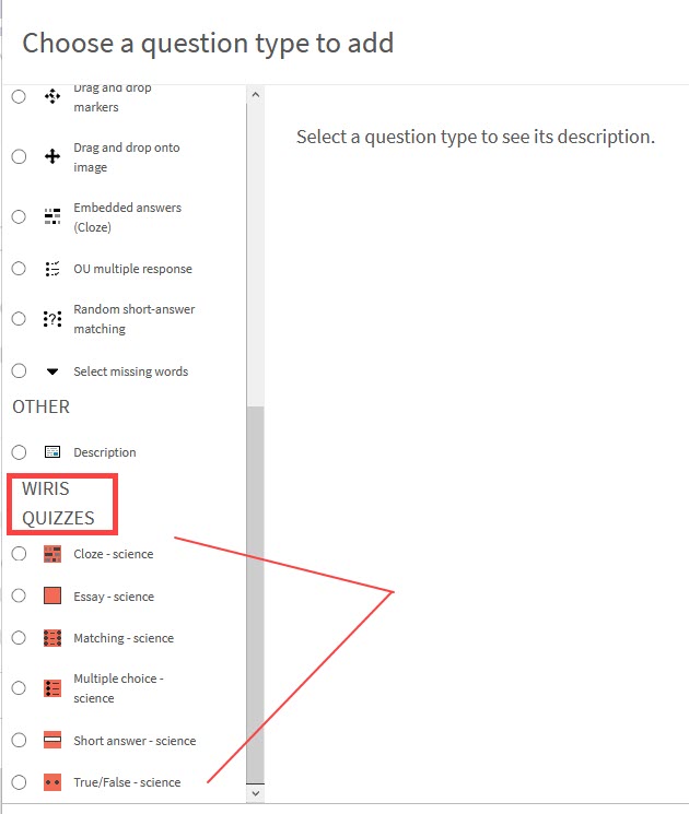 Add a question type dialogue box showing WIRIS Quizzes question types