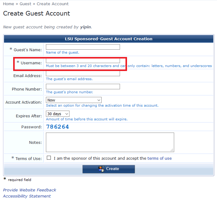 username for LSU Guest Account Creation
